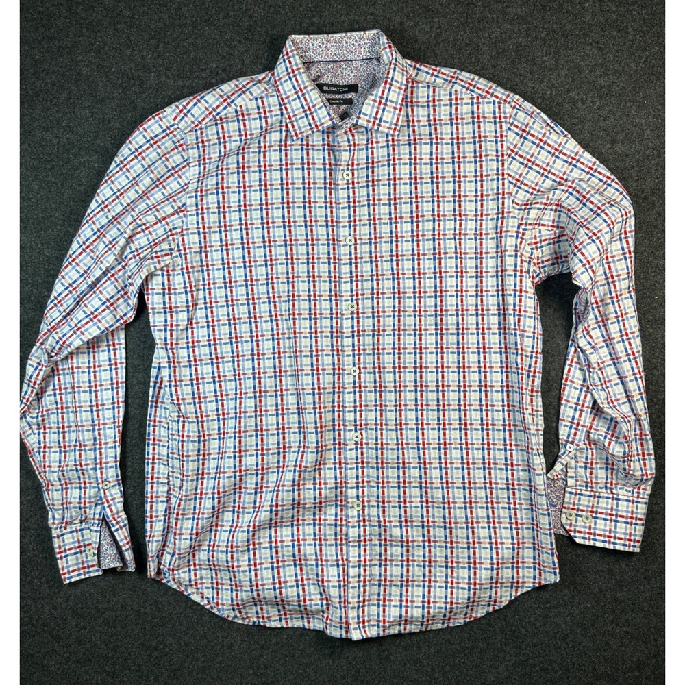 Bugatchi Mens Classic Fit Plaid Button Down Shirt Blue Red White LS93101L5 L